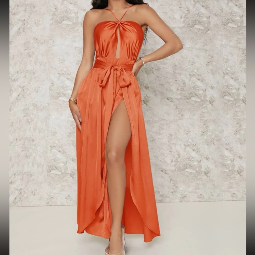 High satin split cami dress